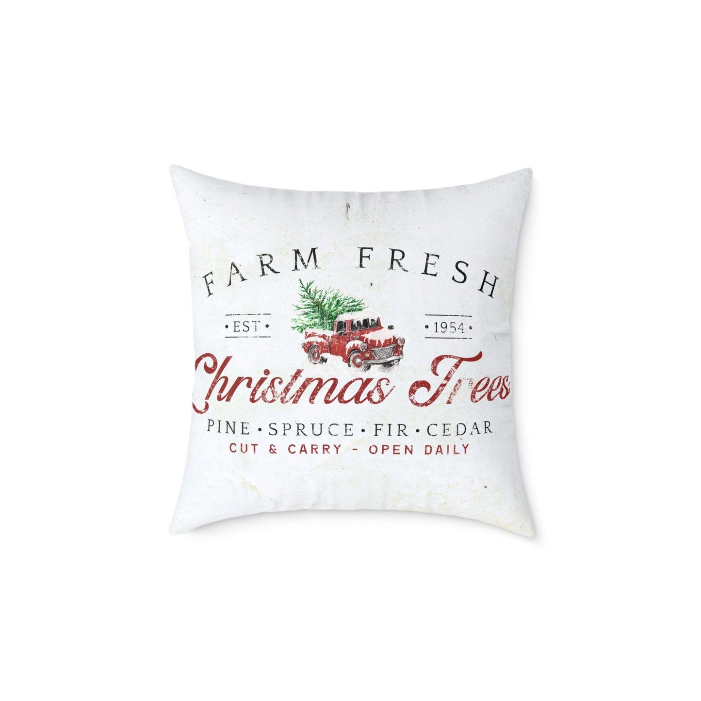 Farm fresh Christmas trees canvas pillow with vintage red truck hauling evergreen tree for farmhouse holiday decor