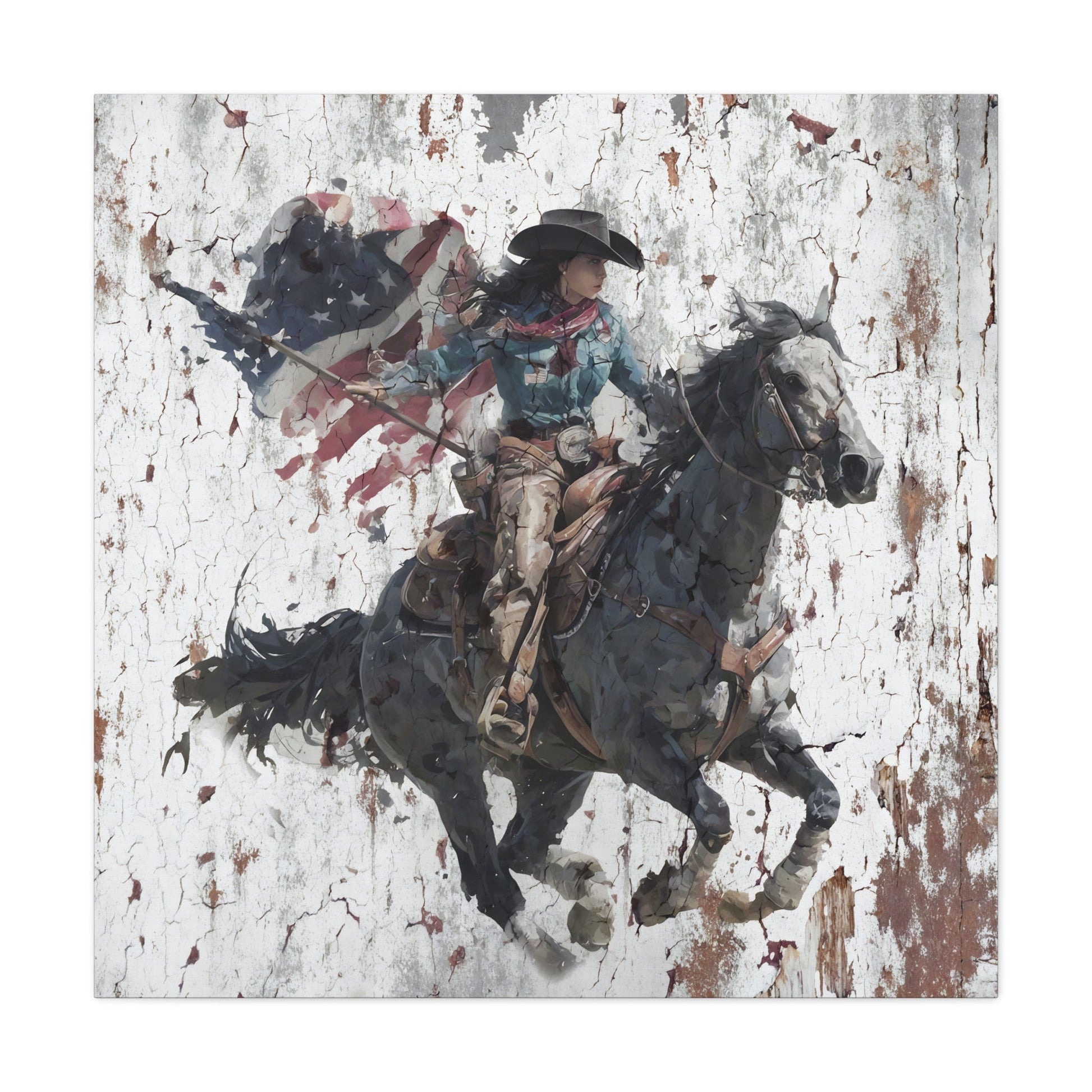Freedom Rider canvas — cowgirl carrying American flag in painterly western scene, front view