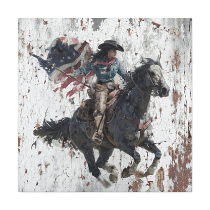 Freedom Rider canvas — cowgirl carrying American flag in painterly western scene, front view
