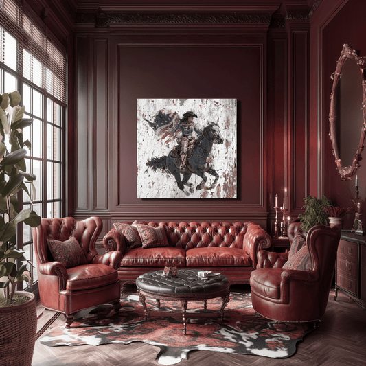 Freedom Rider canvas hanging in a ranch home interior