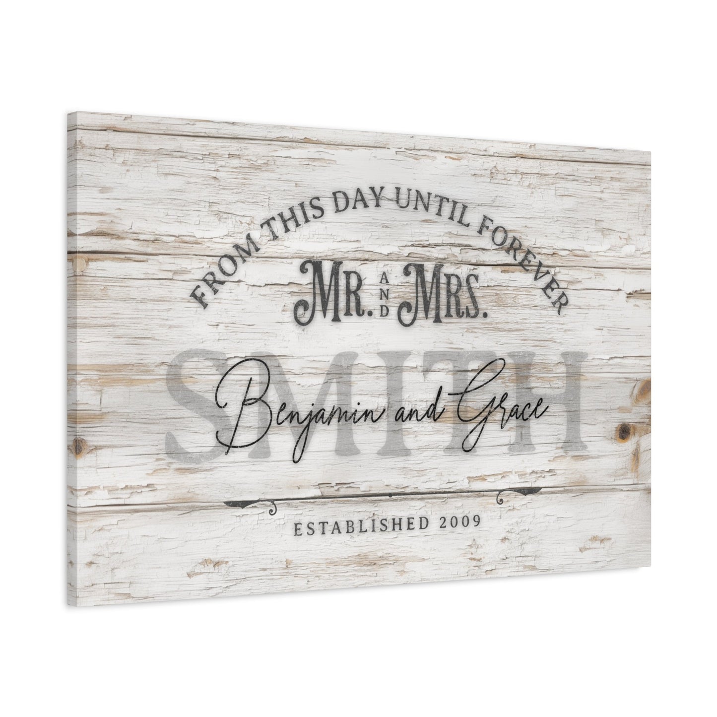 From This Day Forward Personalized Wedding Canvas — angled view showing personalized couple names and established year