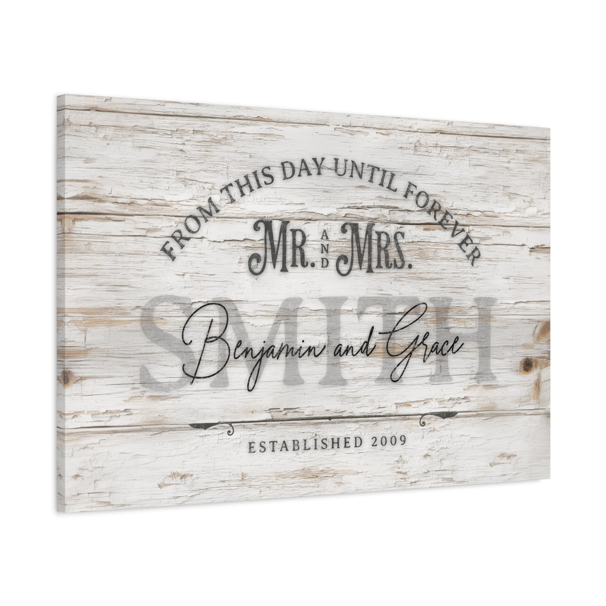 From This Day Forward Personalized Wedding Canvas — angled view showing personalized couple names and established year