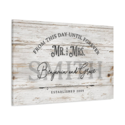 From This Day Forward Personalized Wedding Canvas — angled view showing personalized couple names and established year