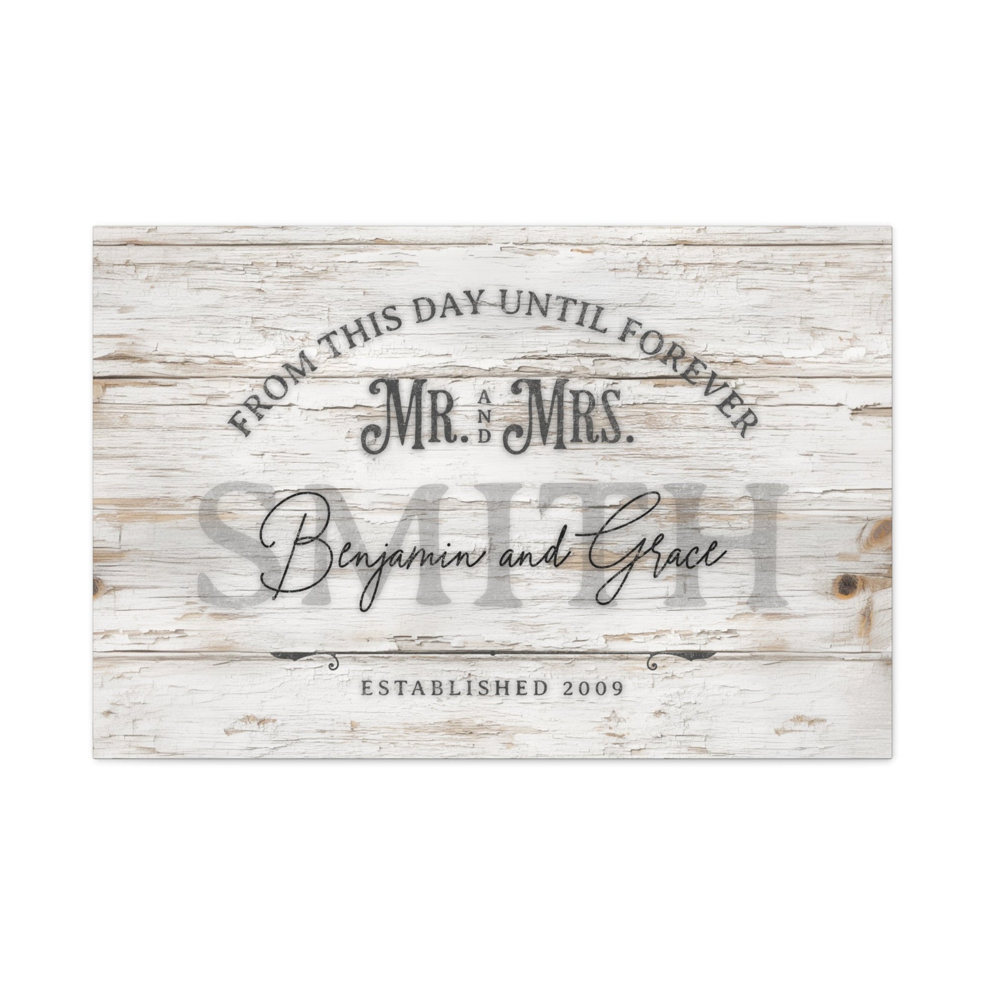 From This Day Forward Personalized Wedding Canvas — elegant typography on whitewashed wood, front view