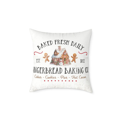 Gingerbread Co vintage canvas pillow with gingerbread cottage and cookie characters for farmhouse Christmas kitchen decor