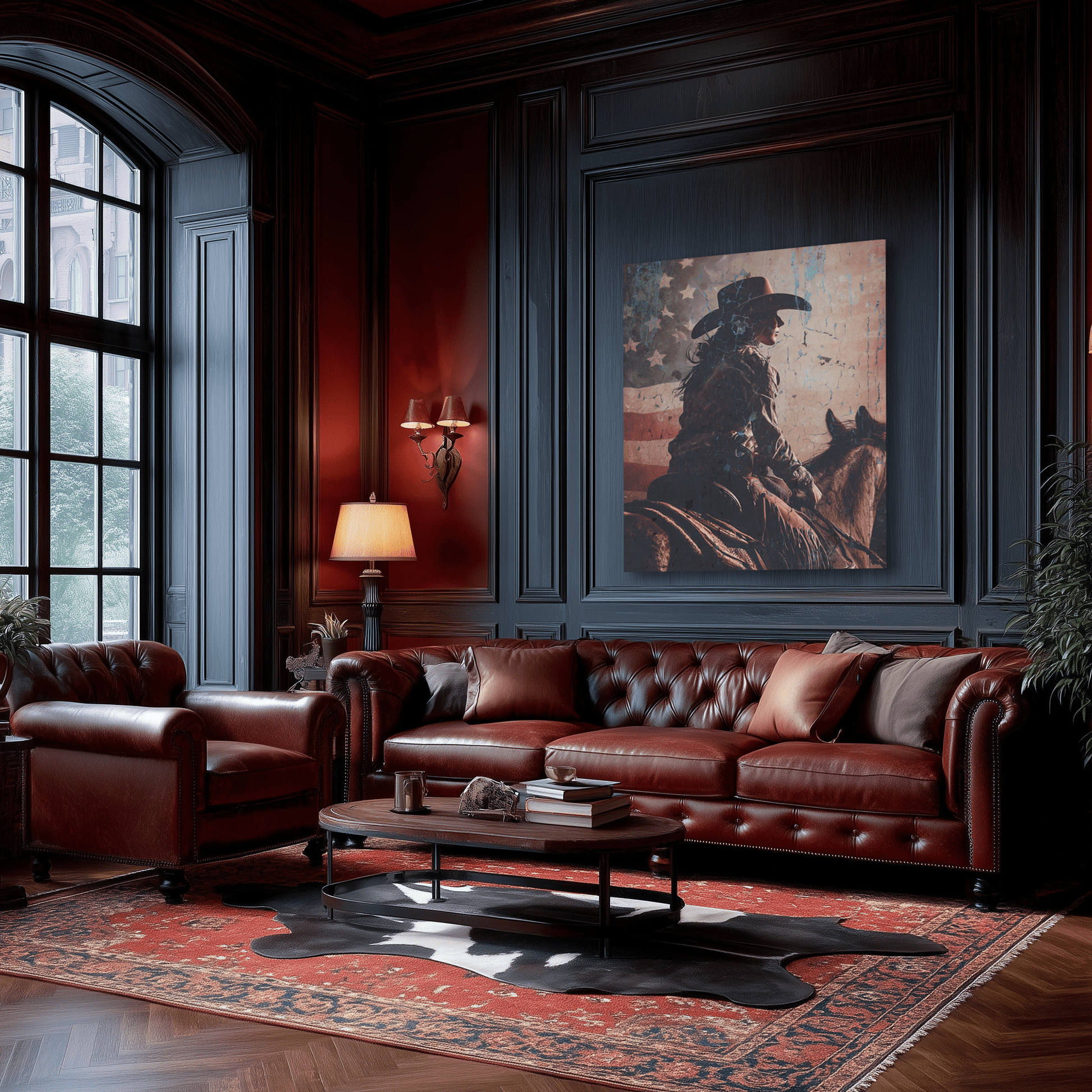 Heritage Rider canvas hanging in a curated ranch home interior