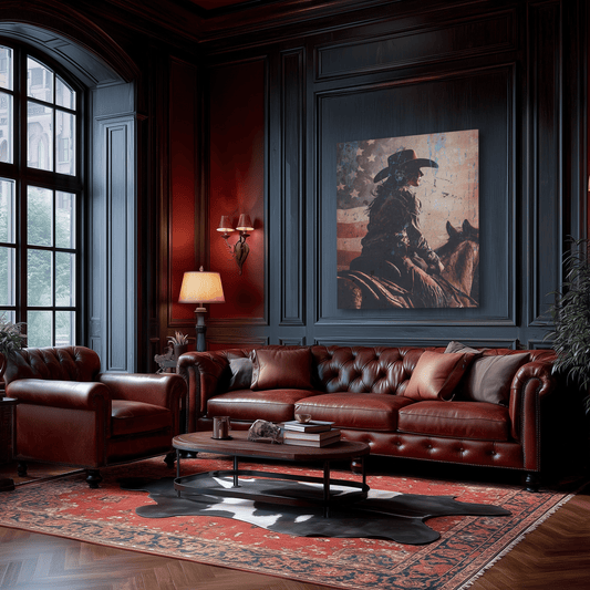 Heritage Rider canvas hanging in a curated ranch home interior