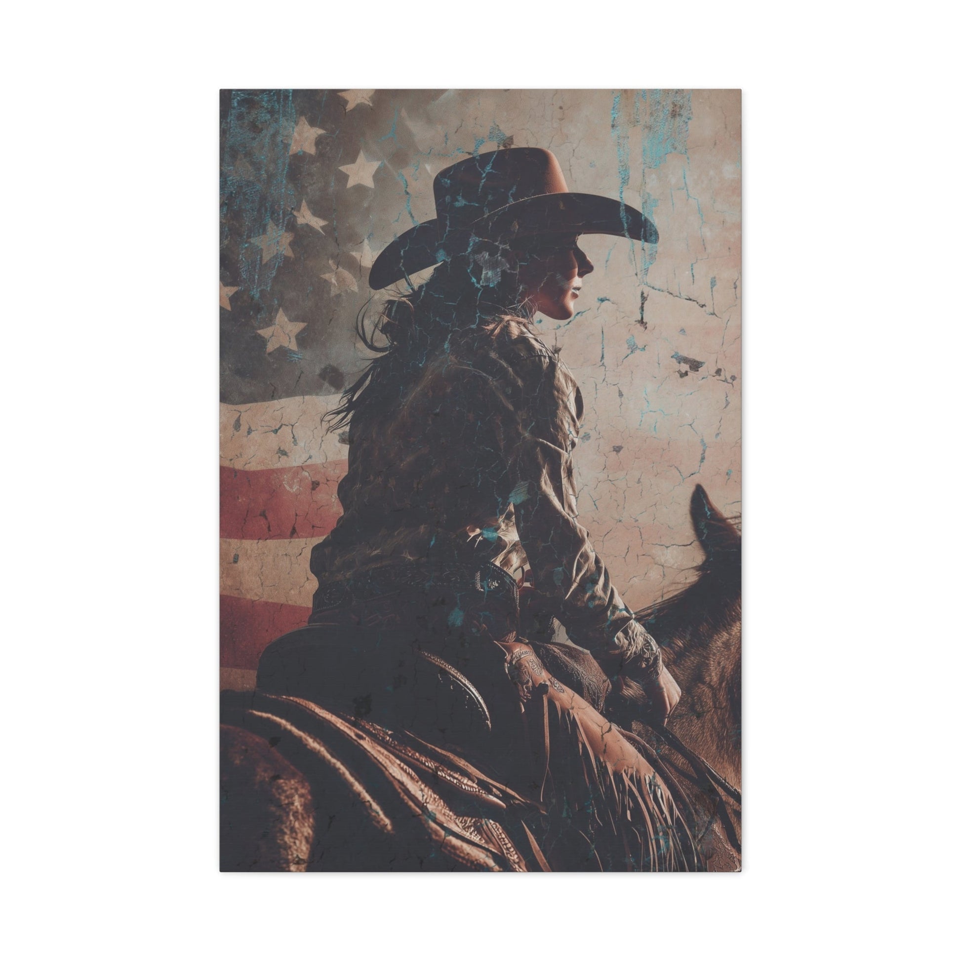 Heritage Rider canvas — vintage cowgirl on weathered American flag, front view