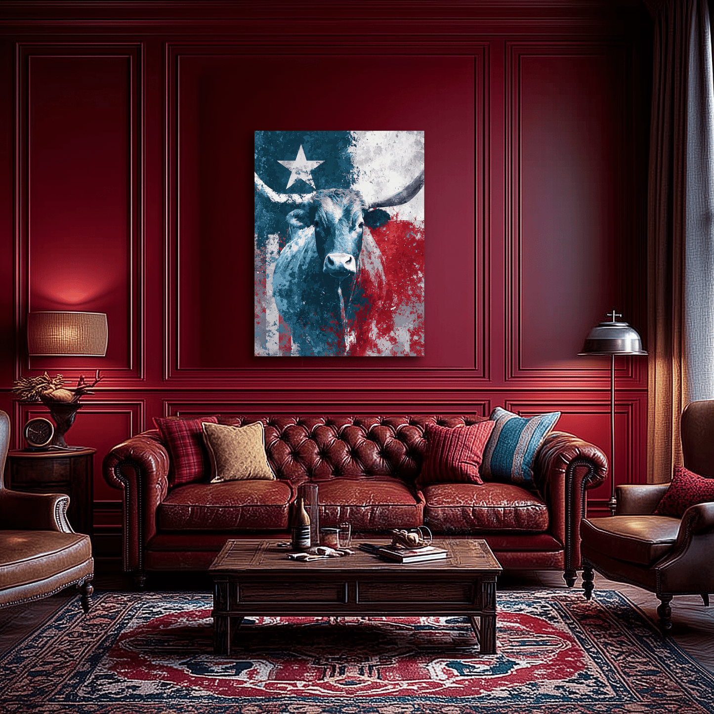 Liberty Longhorn canvas hanging in a modern western interior