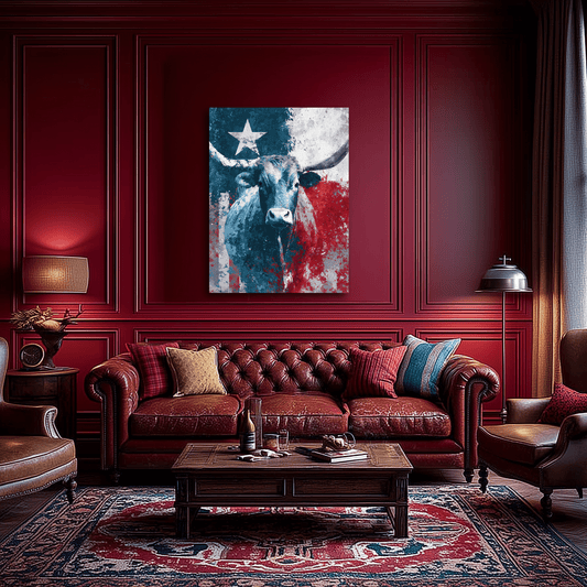 Liberty Longhorn canvas hanging in a modern western interior