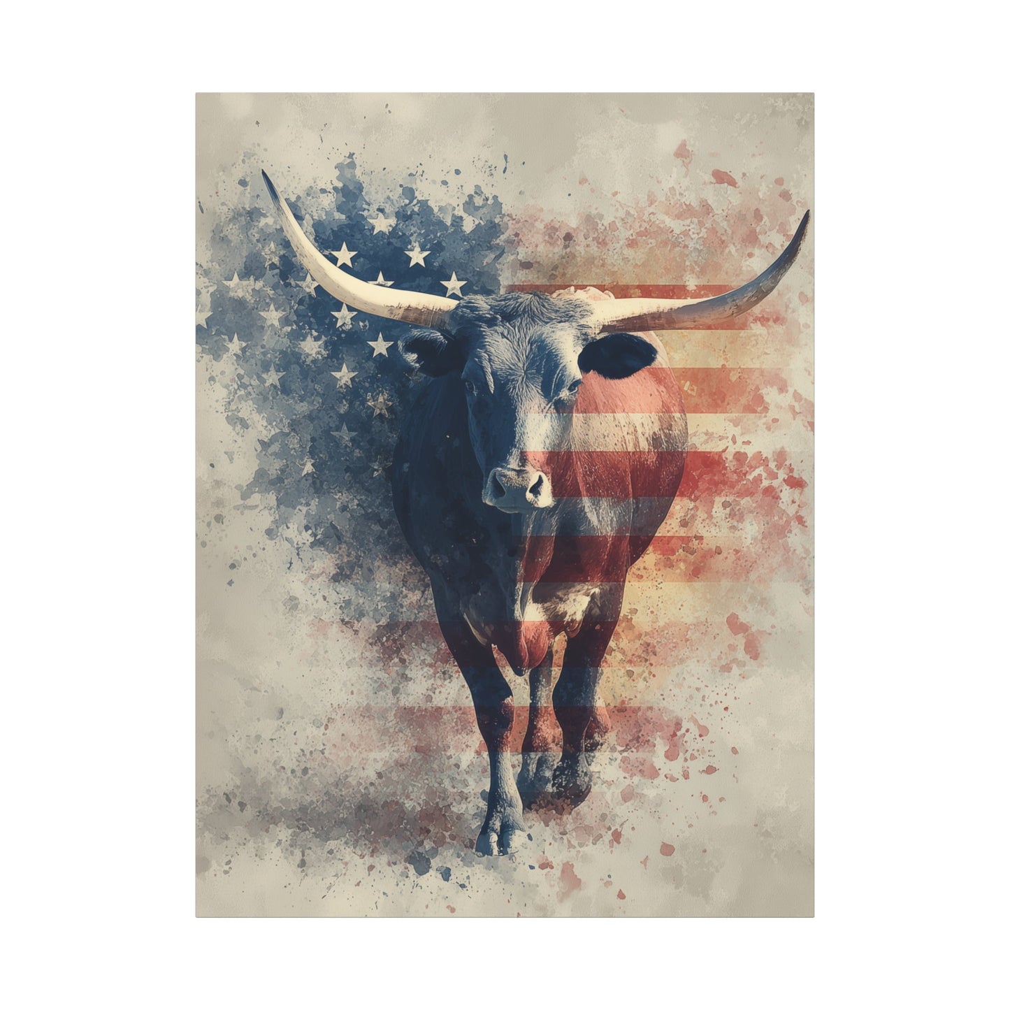 Patriotic Longhorn canvas — watercolor longhorn with American flag detailing, front view