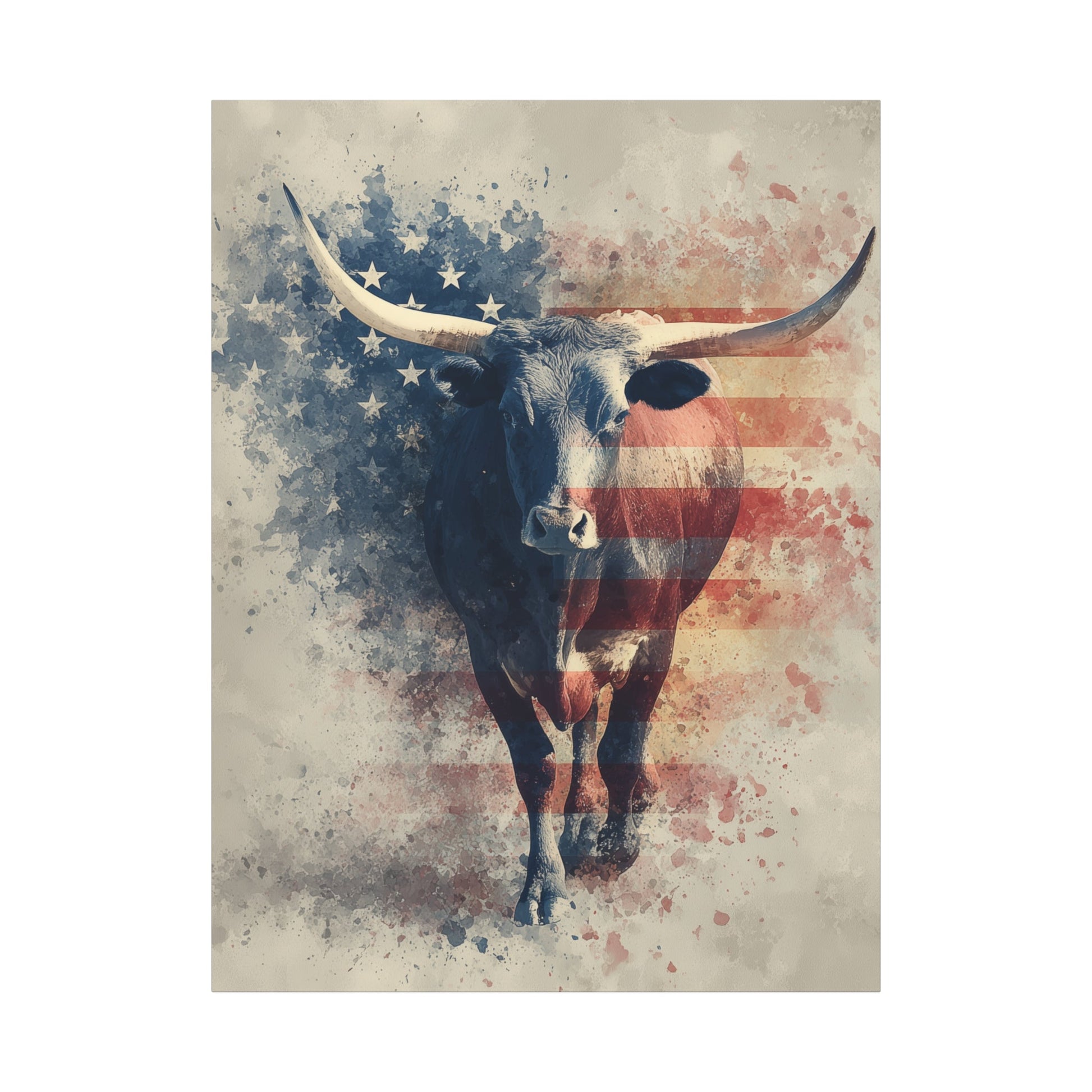 Patriotic Longhorn canvas — watercolor longhorn with American flag detailing, front view