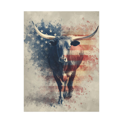 Patriotic Longhorn canvas — watercolor longhorn with American flag detailing, front view