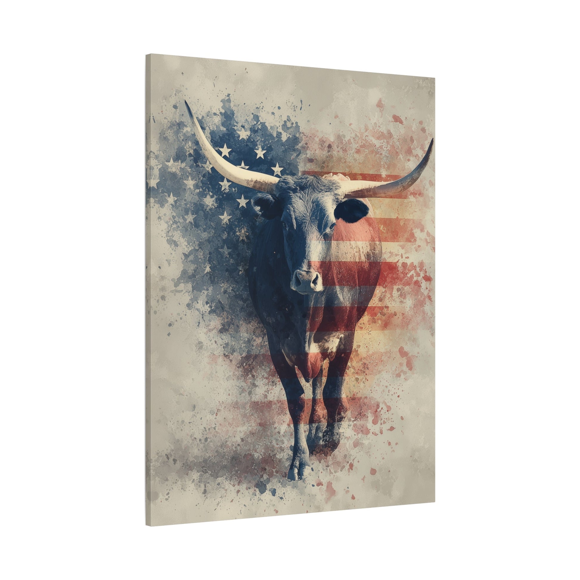 Patriotic Longhorn canvas — angled view showing painterly texture and patriotic accents