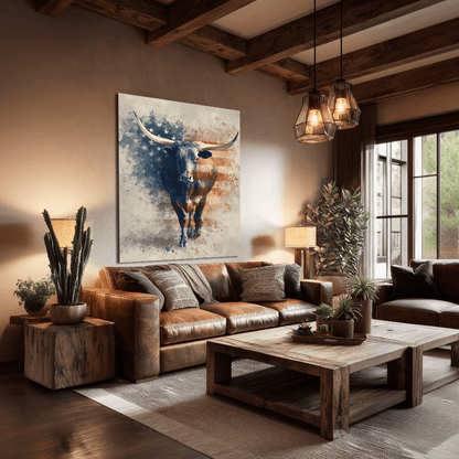 Patriotic Longhorn canvas hanging in a ranch home interior