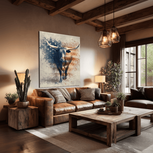 Patriotic Longhorn canvas hanging in a ranch home interior