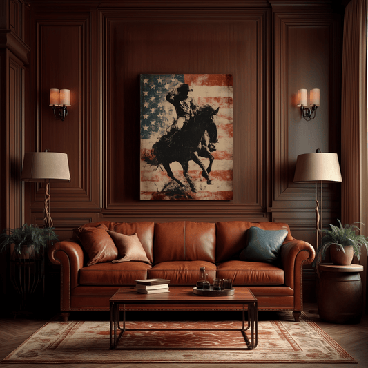 Ride for Freedom canvas hanging in a western ranch home interior
