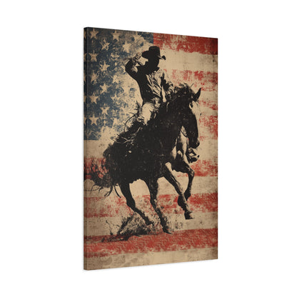 Ride for Freedom canvas — angled view showing high-contrast cowgirl design and rugged texture