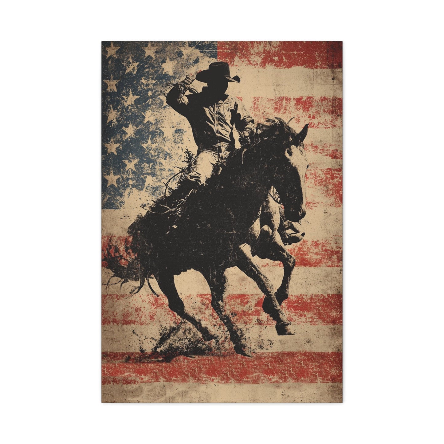 Ride for Freedom canvas — cowgirl silhouette on distressed American flag, front view