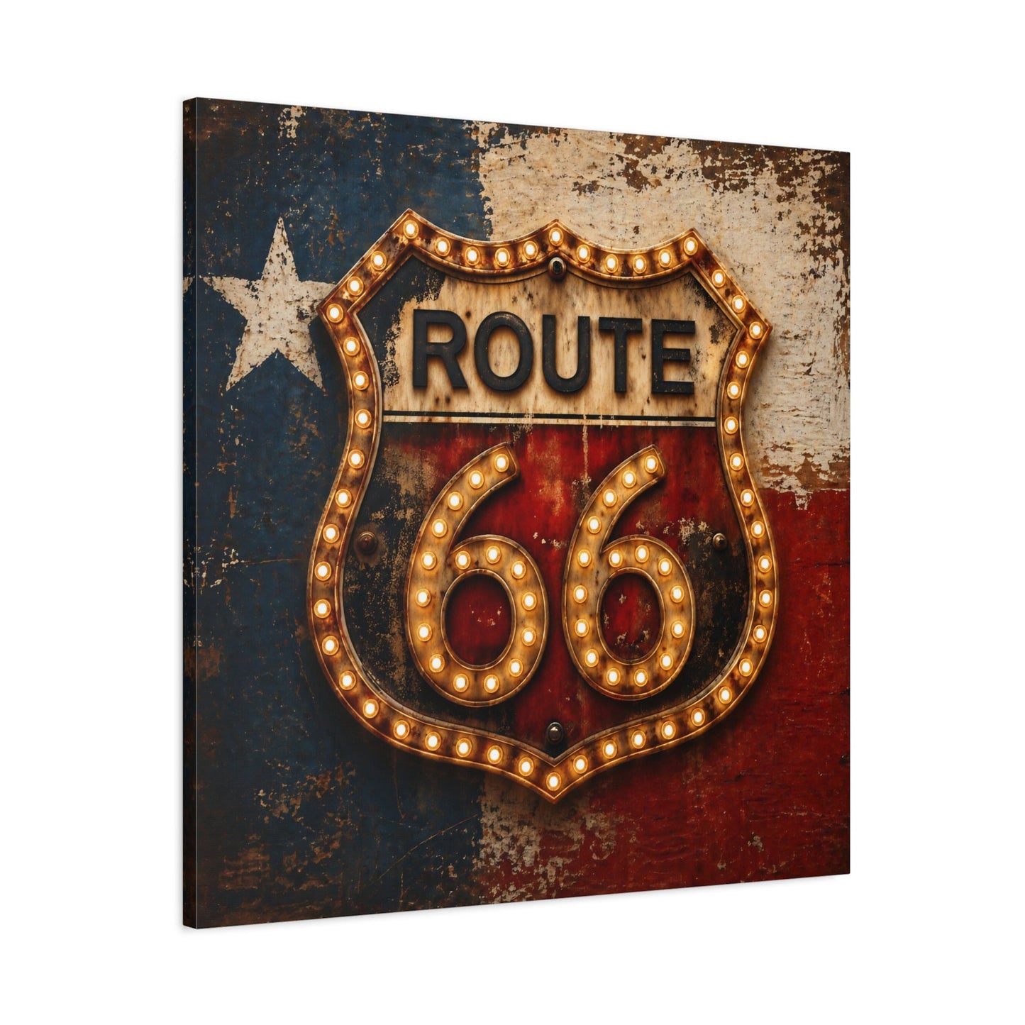Route 66 western marquee canvas — angled view showing weathered texture and marquee lettering