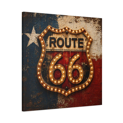 Route 66 western marquee canvas — angled view showing weathered texture and marquee lettering