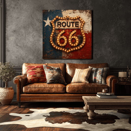 Route 66 western marquee canvas hanging in a western living room