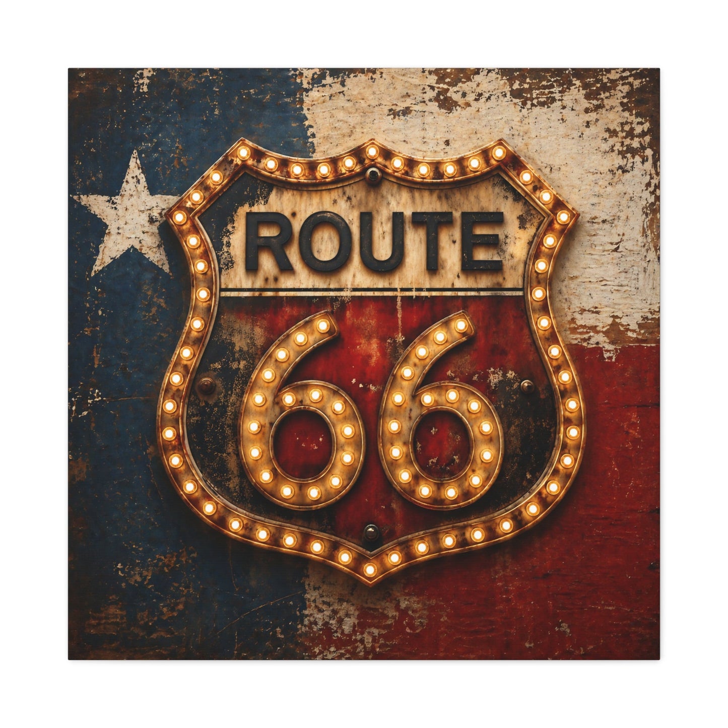 Route 66 western marquee canvas art with distressed vintage typography, front view