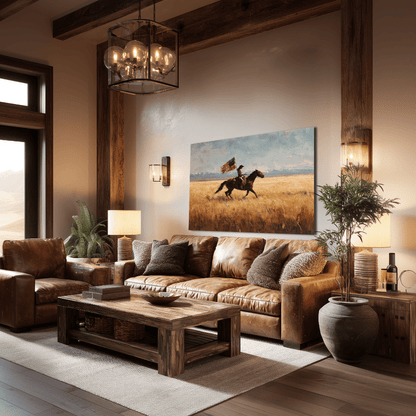 Spirit of the American Cowgirl canvas hanging in a ranch home interior