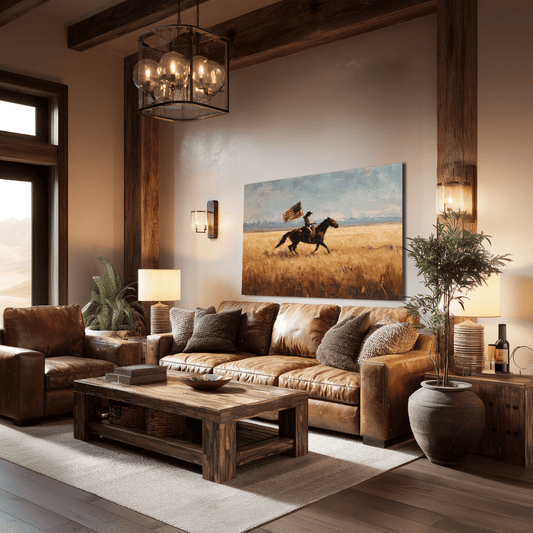 Spirit of the American Cowgirl canvas hanging in a ranch home interior