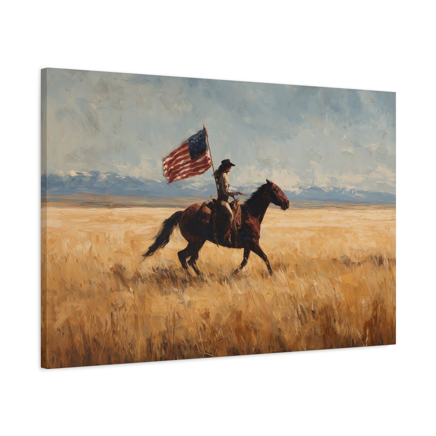 Spirit of the American Cowgirl canvas — angled view showing warm tones and painterly texture