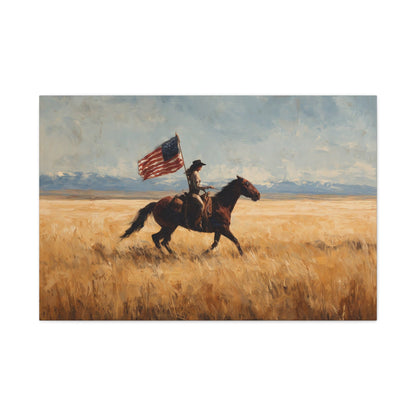 Spirit of the American Cowgirl canvas — painterly cowgirl on distressed American flag, front view