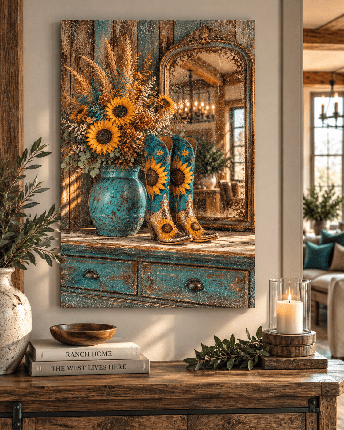 Sunflower cowgirl boots and turquoise vase canvas wall art in a western entry