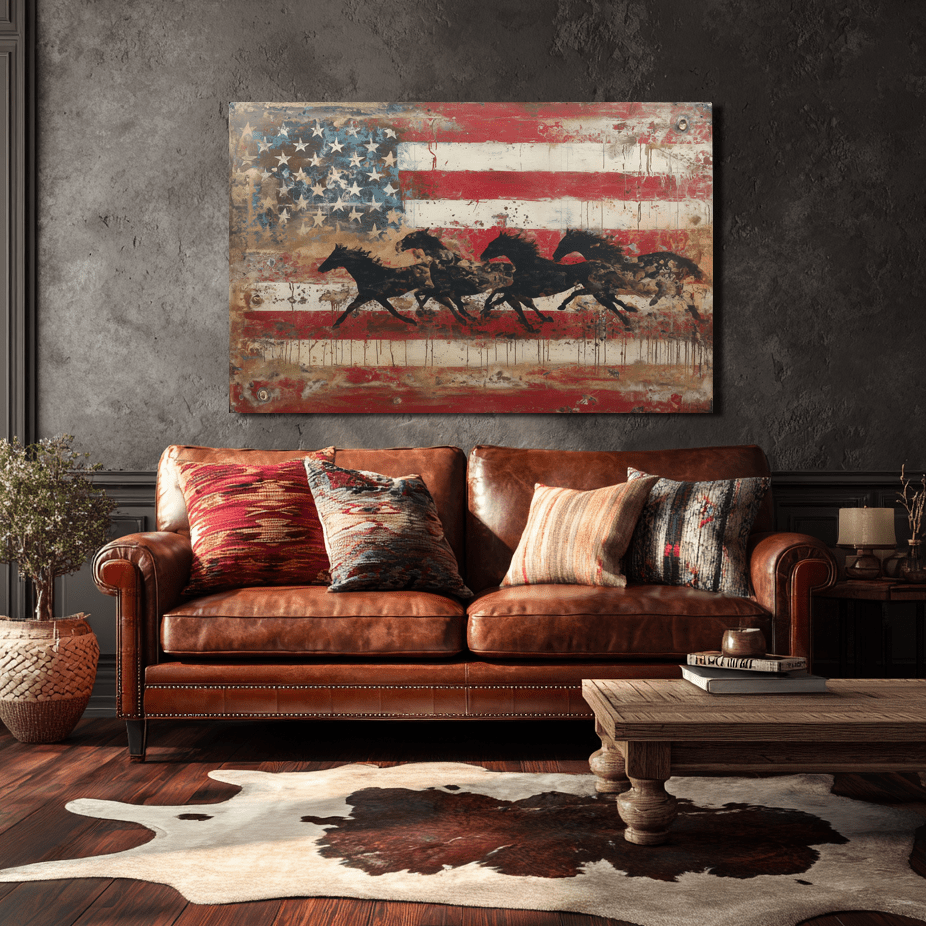 Unbridled America canvas hanging in a modern farmhouse interior