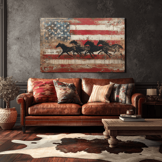 Unbridled America canvas hanging in a modern farmhouse interior