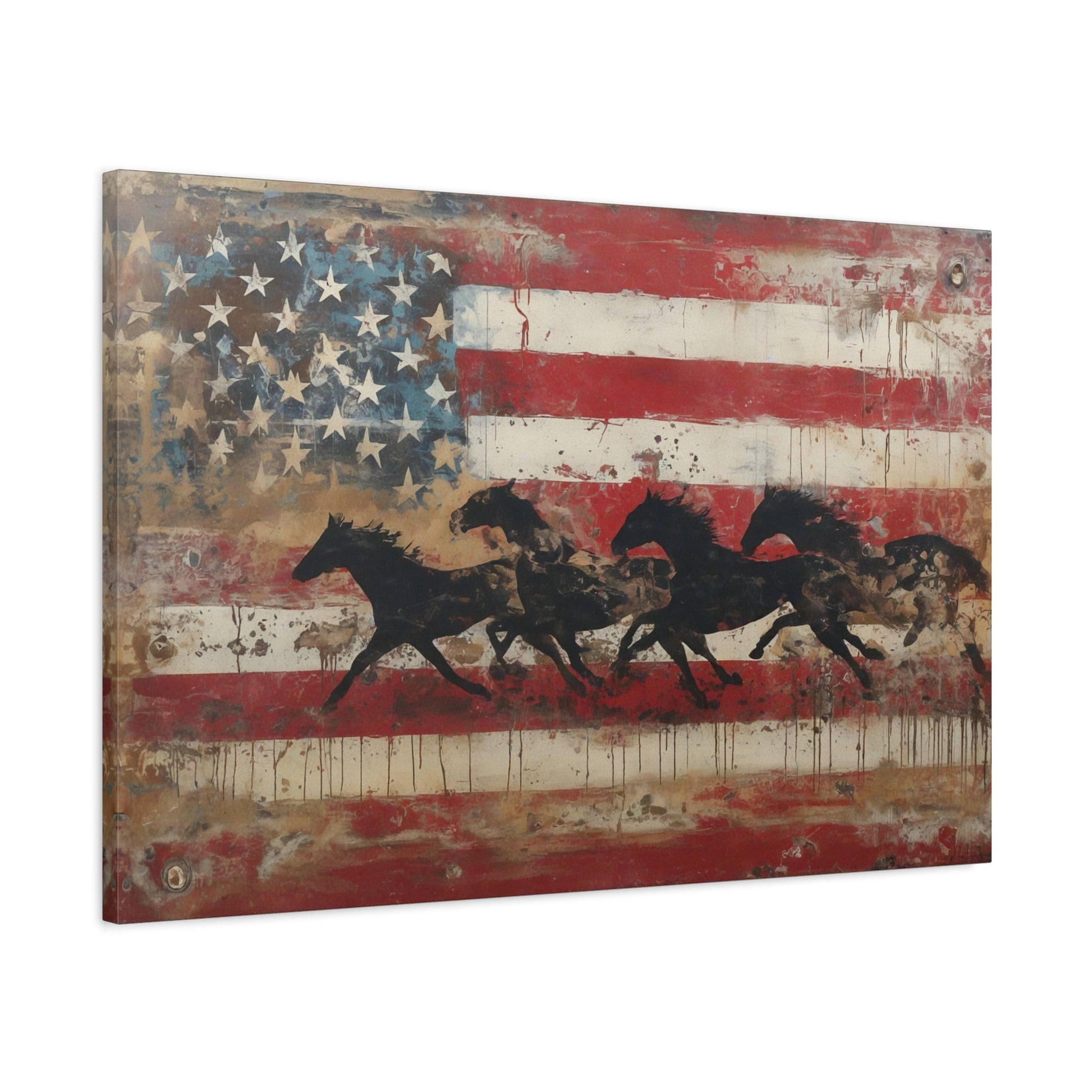 Unbridled America canvas — angled view showing expressive brushwork and patriotic backdrop