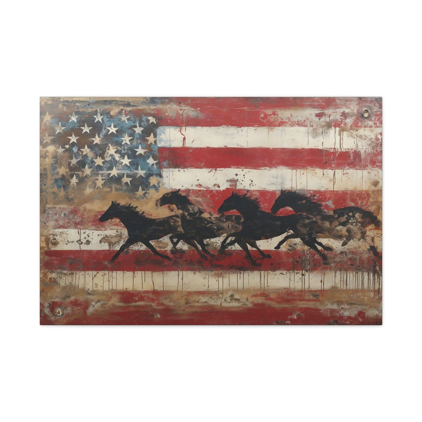 Unbridled America canvas — running horse on distressed American flag, front view
