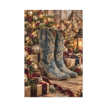 Denim & Rhinestones Christmas Boots Canvas hanging in a ranch Christmas entryway
