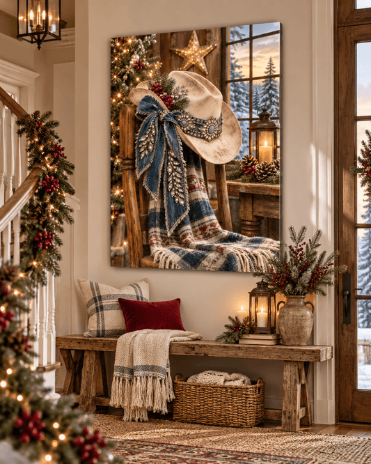 Denim & Rhinestones Christmas Cowboy Hat Canvas – western Christmas wall art