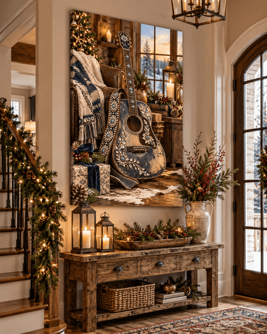 Denim & Rhinestones Christmas Guitar Canvas – western Christmas wall art