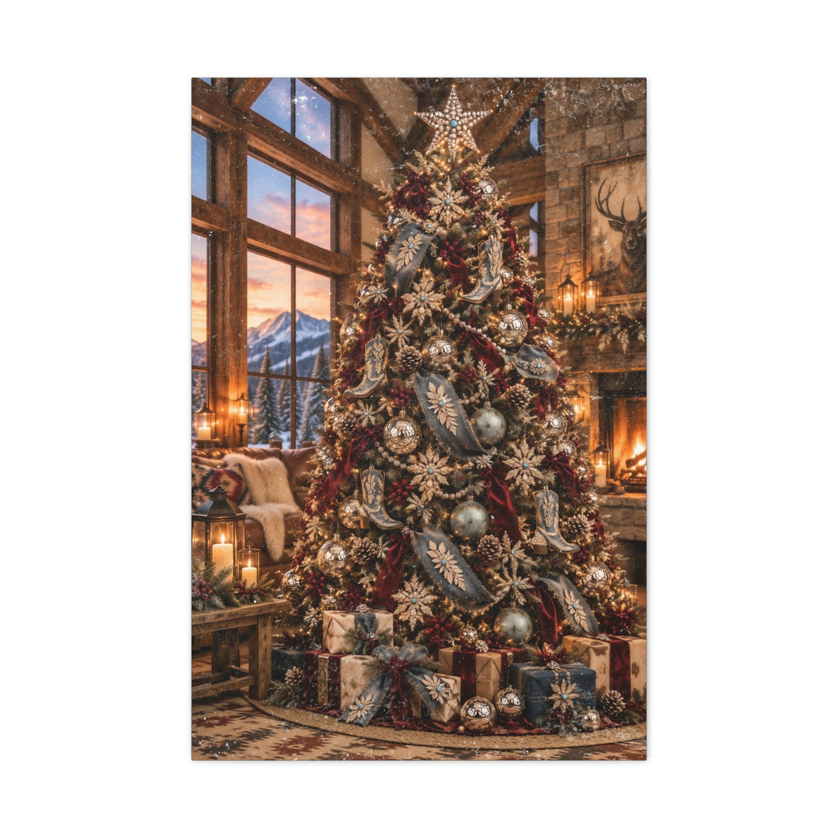 Denim & Rhinestones Christmas Tree Canvas hanging in a ranch Christmas entryway