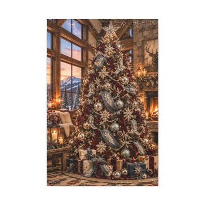 Denim & Rhinestones Christmas Tree Canvas hanging in a ranch Christmas entryway